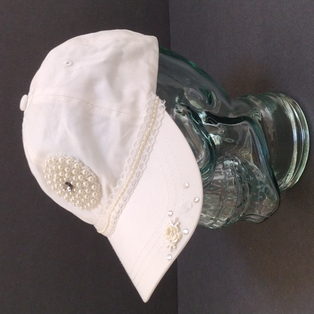 Vintage Embellished Brim Cap Hat Pearls Beads Lace Rhinestone